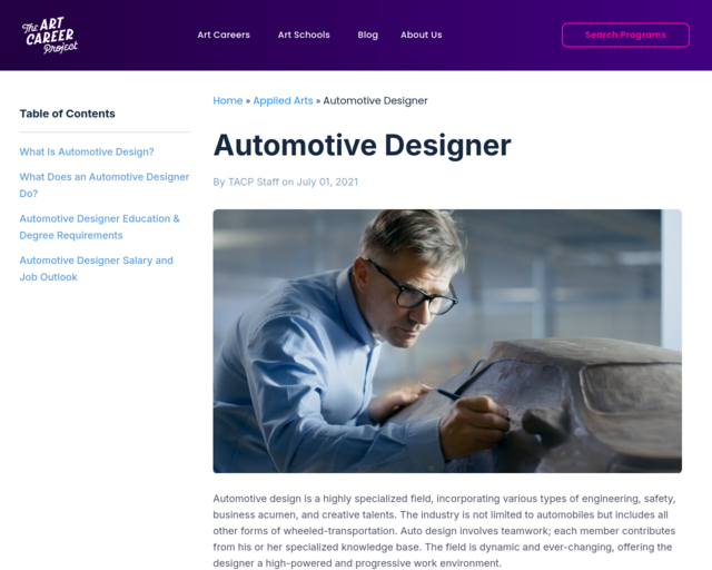 Screenshot of the Automotive Designer website
