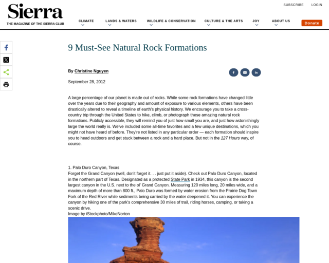 Screenshot of the Rock land forms in the USA website