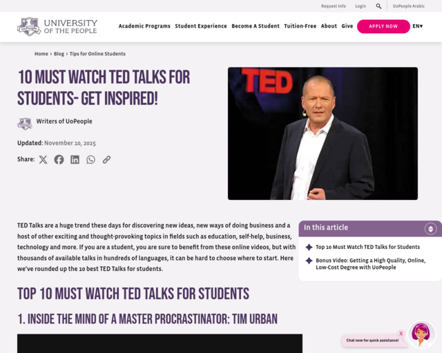 Screenshot of the 10 Must Watch Ted Talks for Students website