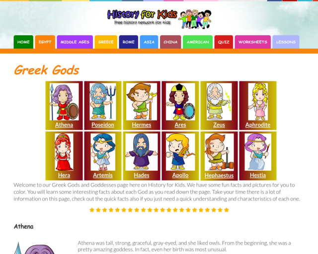 Screenshot of the http://www.historyforkids.net/ancient-greek-gods.html website
