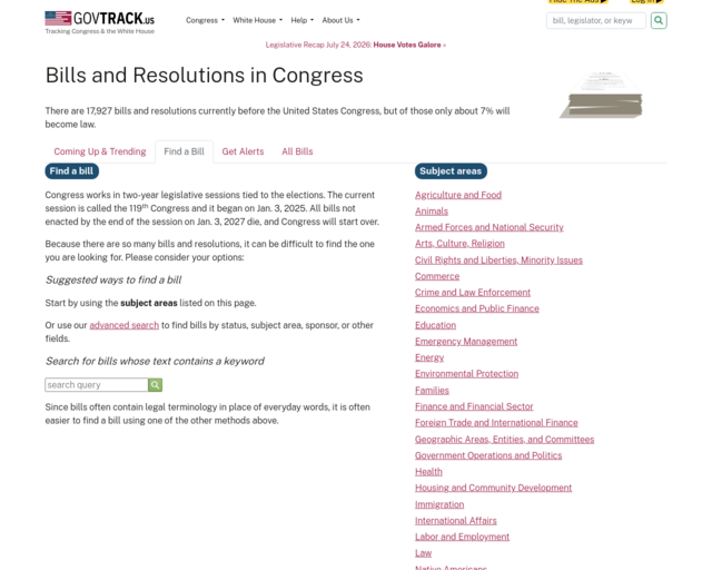Screenshot of the Bills and Resolutions -- GovTrack.us website