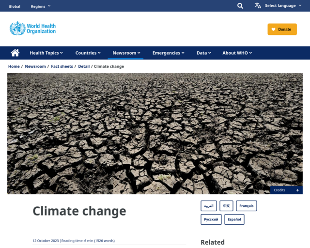Screenshot of the World Health Organization website