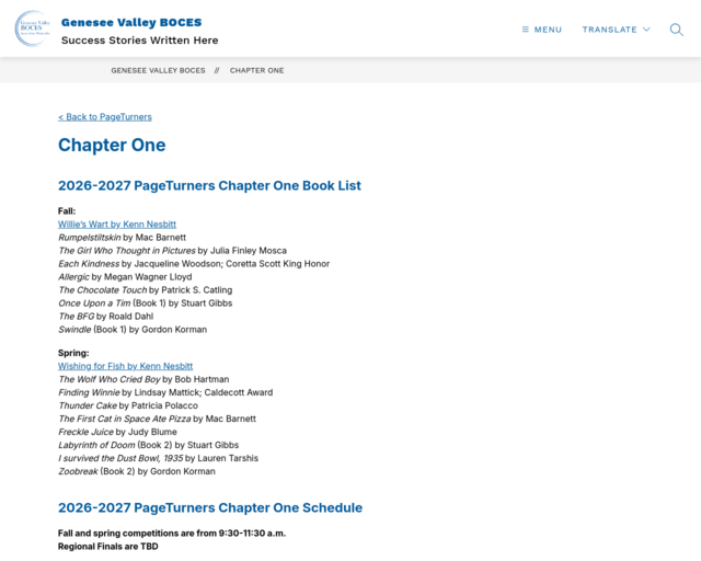 Screenshot of the Chapter 1 Page Turners website