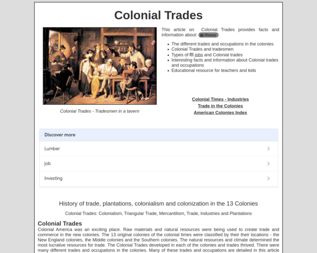 Screenshot of the Colonial Trades website