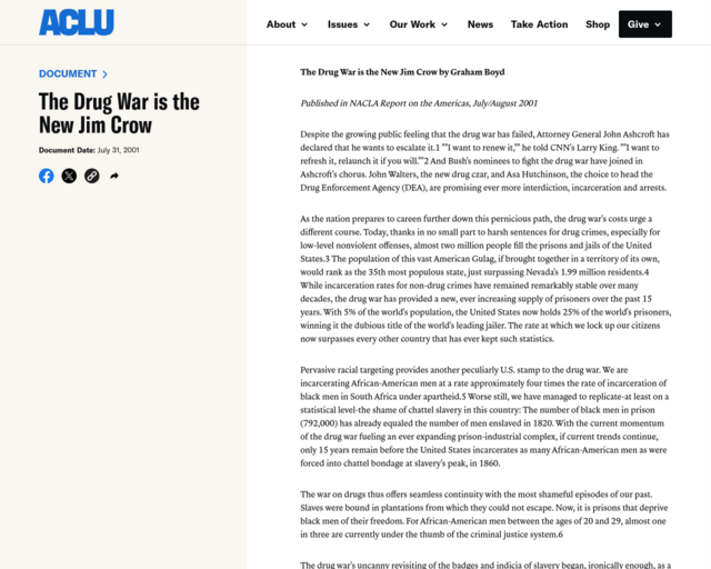 Screenshot of the ACLU article: The Drug War is the New Jim Crow website