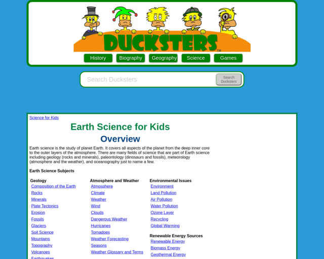 Screenshot of the Duckster - Earth Science website