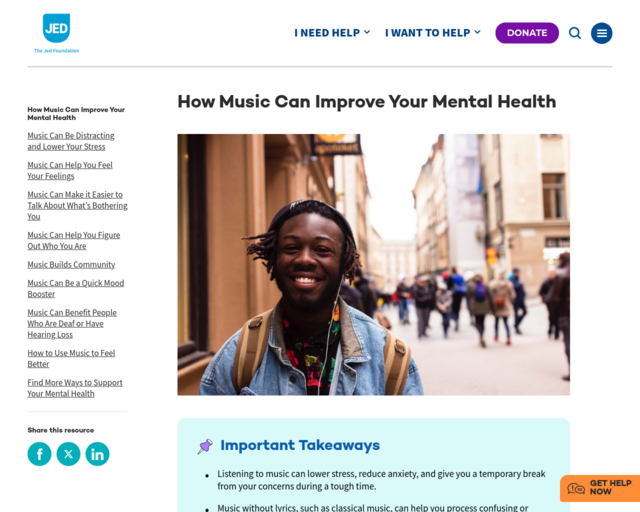 Screenshot of the Music & Mental Health website