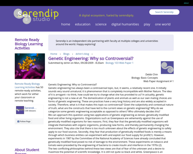 Screenshot of the Serendipstudio.org - Genetic Engineering - Why so Controversial? website