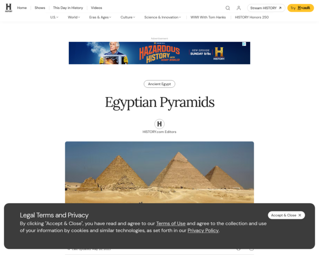 Screenshot of the Egyptian Pyramids - History.com website
