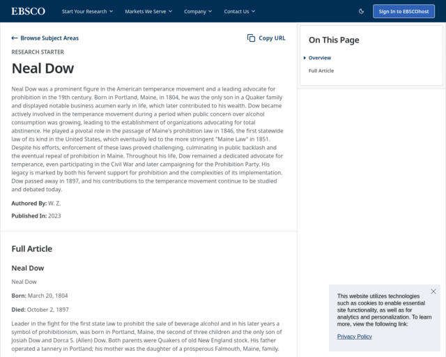 Screenshot of the Neal Dow website