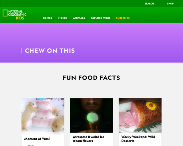 Screenshot of the National Geographic Kids - Recipes website