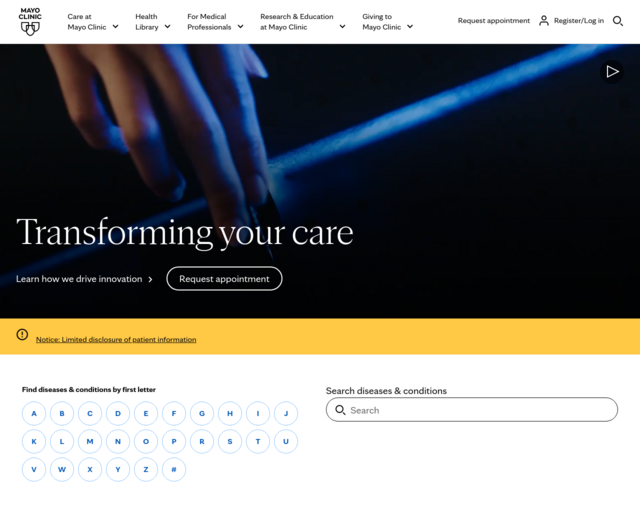 Screenshot of the Mayo Clinic website