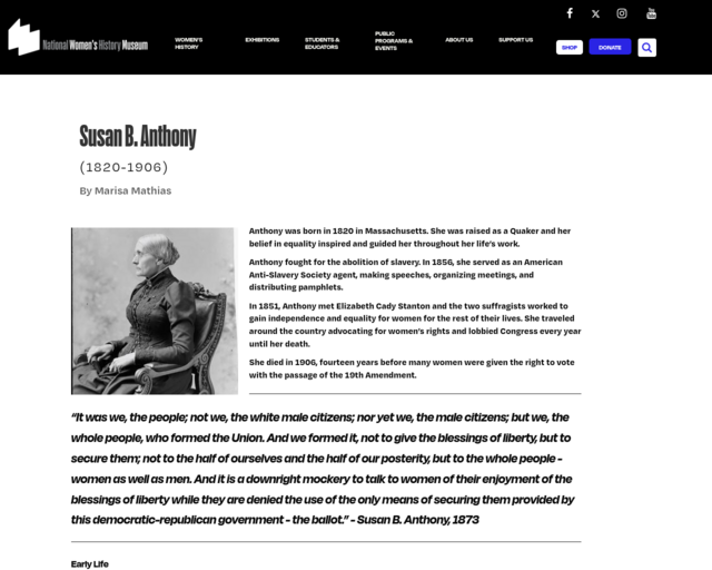 Screenshot of the Susan B. Anthony website