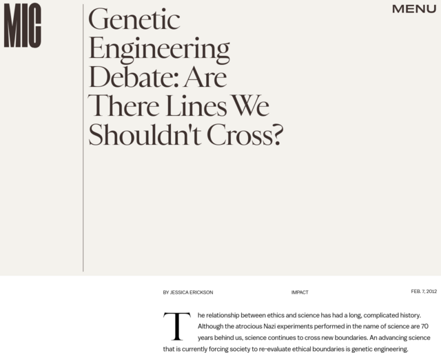 Screenshot of the mic.com Article "Genetic Engineering: We shouldn't cross a line" website