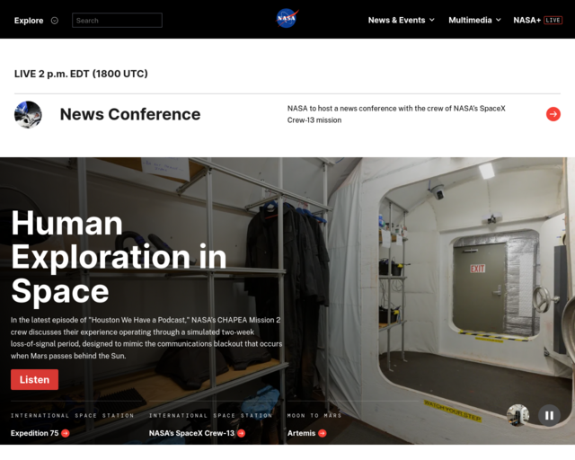 Screenshot of the NASA website