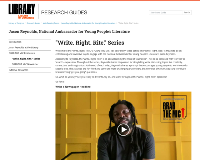 Screenshot of the Jason Reynolds - Write.Right.Rite, Grab the Mic Series website