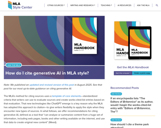 Screenshot of the Citing AI in MLA website
