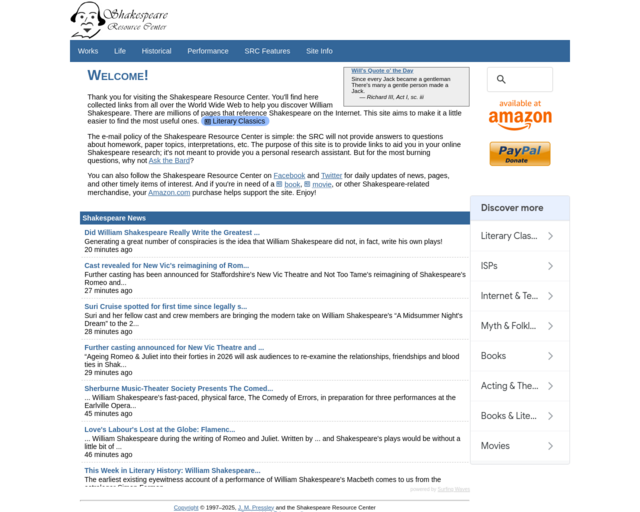 Screenshot of the Shakespeare Resource Center website