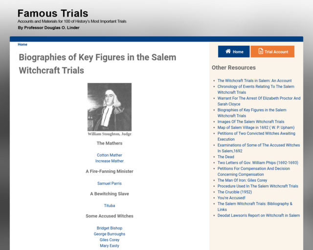 Screenshot of the Biographies of key figures in the Salem Witchcraft Trials website