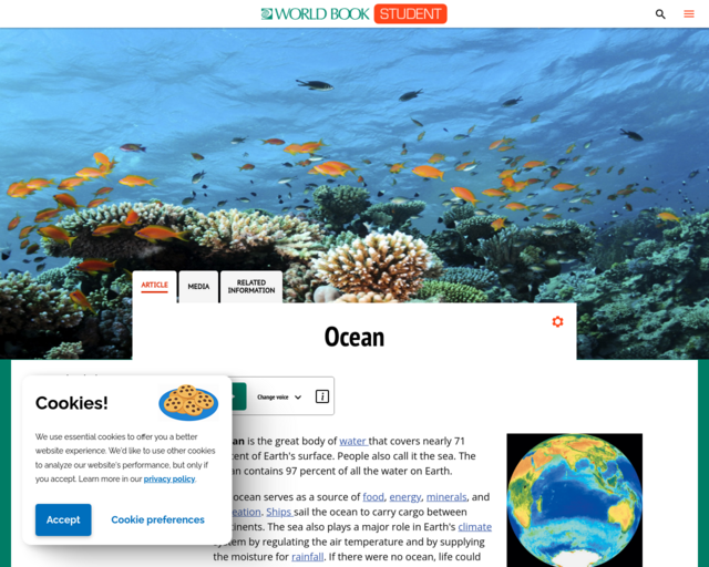 Screenshot of the Ocean @ World Book website