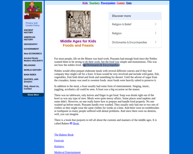 Screenshot of the Food and Feasts website