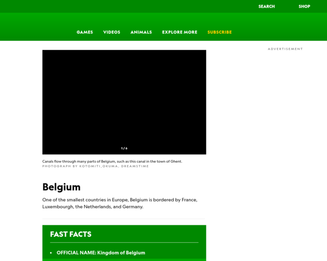 Screenshot of the Belgium Facts - National Geographic website