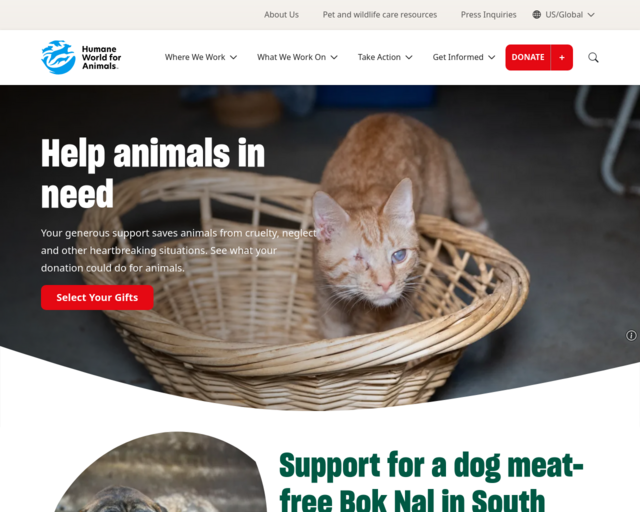 Screenshot of the Humane World for Animals website