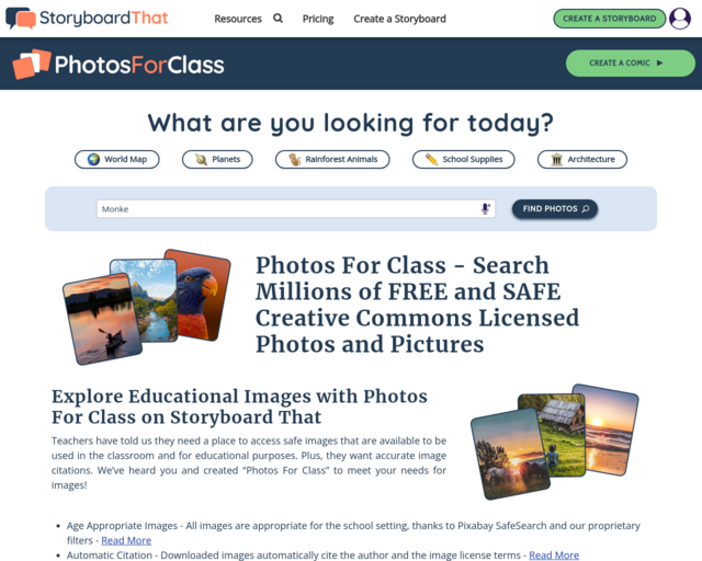 Screenshot of the Photos for Class website