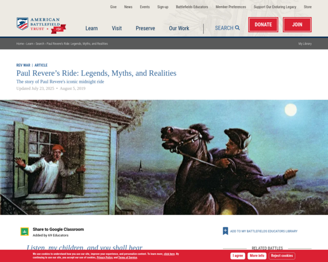 Screenshot of the Paul Revere's Ride, Legends, Myths, and Realities website