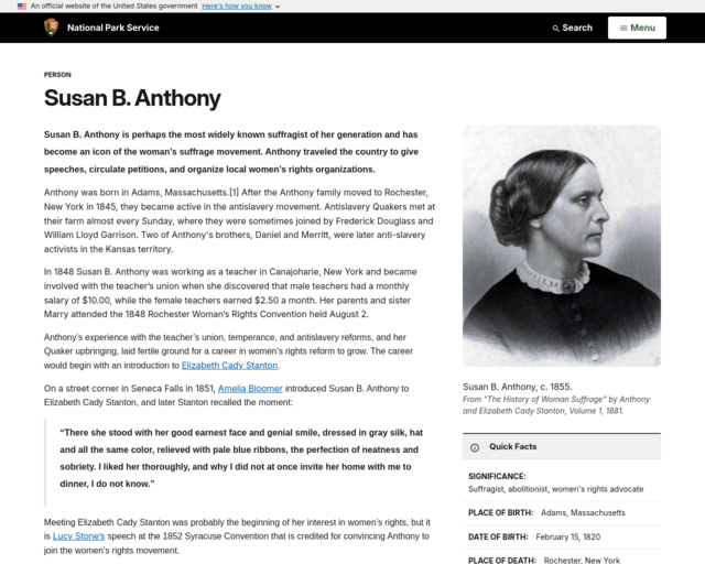 Screenshot of the Susan B. Anthony website