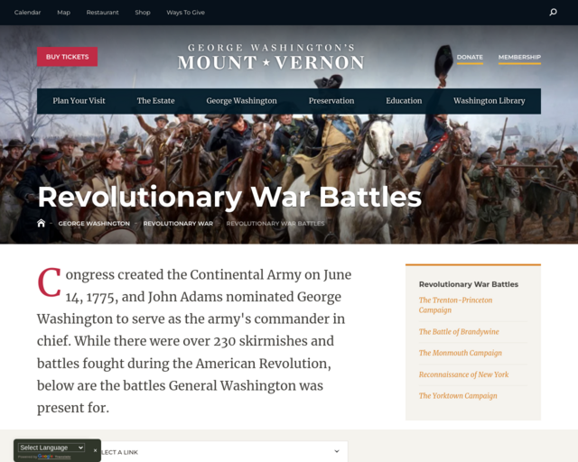 Screenshot of the George Washington's Mt. Vernon website