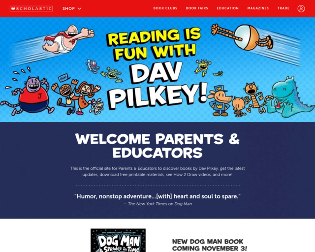 Screenshot of the Dav Pilkey At Home Friday Fun Videos website