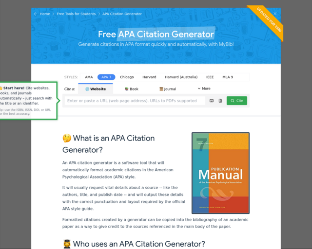 Screenshot of the MyBib - Citation Generator -- APA 7 website