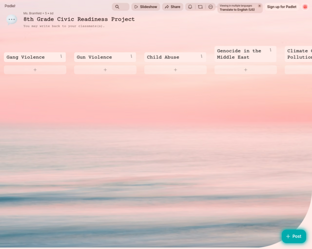 Screenshot of the Padlet of Resources website