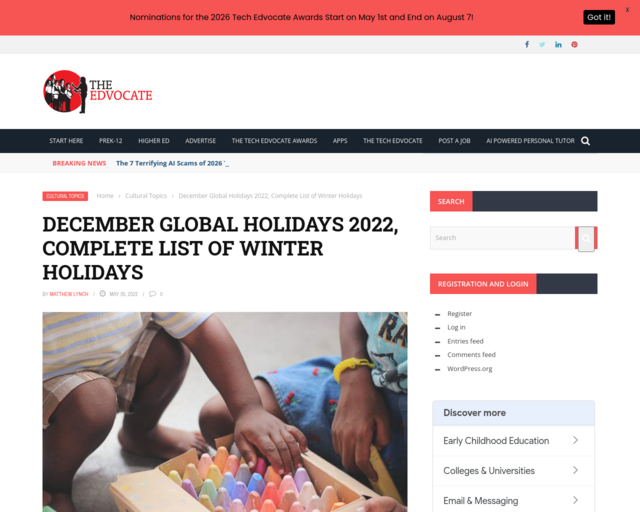Screenshot of the December Global Holidays website