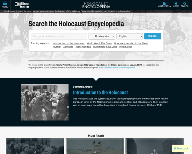 Screenshot of the United States Holocaust Memorial Museum website