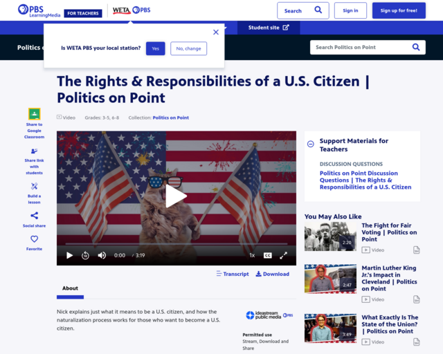 Screenshot of the PBS Learning Media - The Rights and Responsibilities of Citizens website