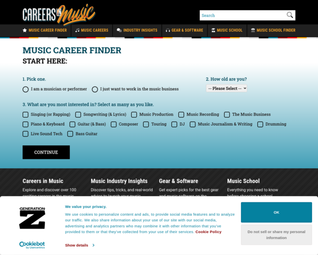 Screenshot of the Careers in Music website