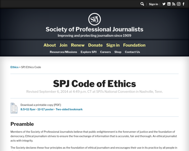 Screenshot of the Journalism Code of Conduct (with detailed explanations) website