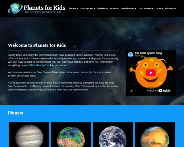 Screenshot of the Planets for Kids website