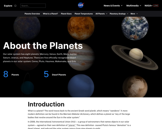 Screenshot of the Planets-NASA website