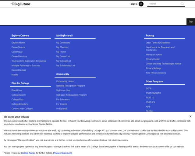 Screenshot of the College Board Career & College Search website