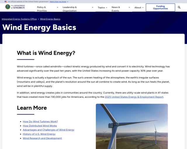 Screenshot of the Wind Energy Basics website