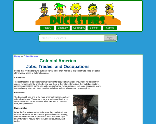 Screenshot of the Colonial American Jobs, Trades, and Occupations website