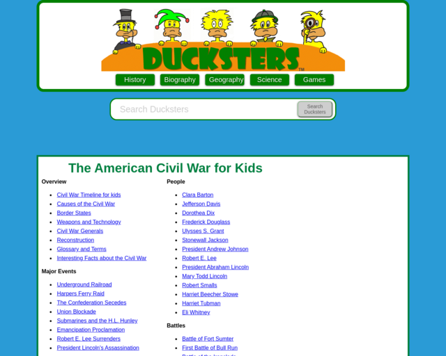 Screenshot of the Ducksters Civil War website