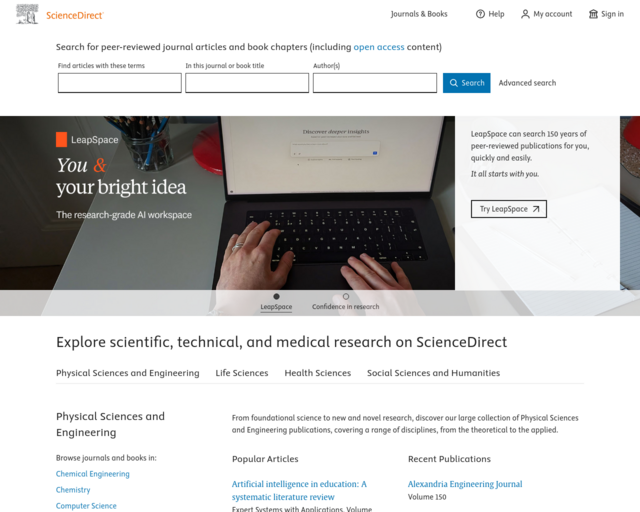 Screenshot of the Science Direct website