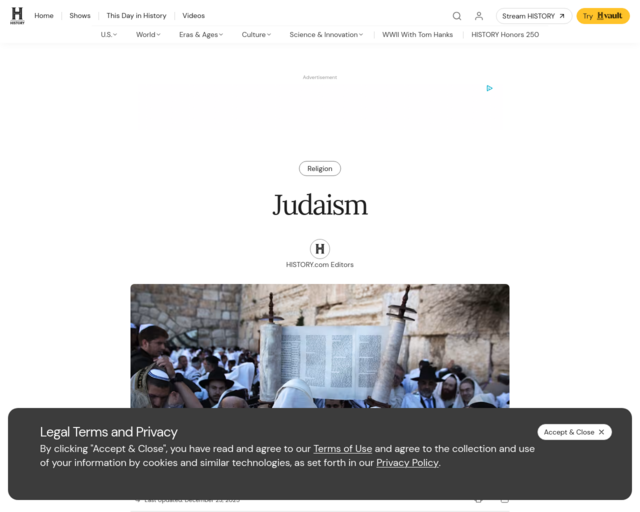 Screenshot of the History.Com website
