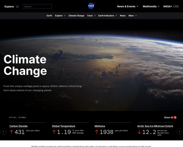 Screenshot of the Global Climate Change: Vital Signs of the Planet (NASA) website