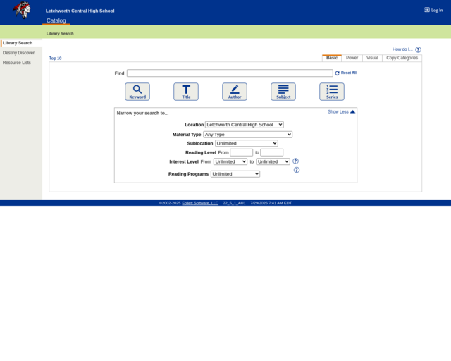 Screenshot of the Middle/High OPAC website