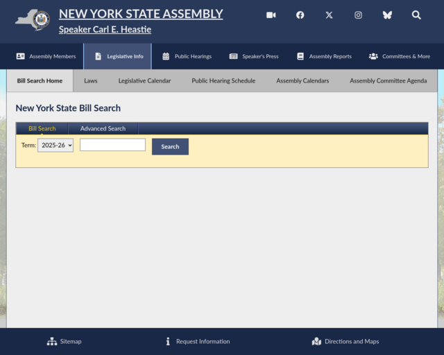 Screenshot of the NYS Assembly | Bills and Legislative Search website